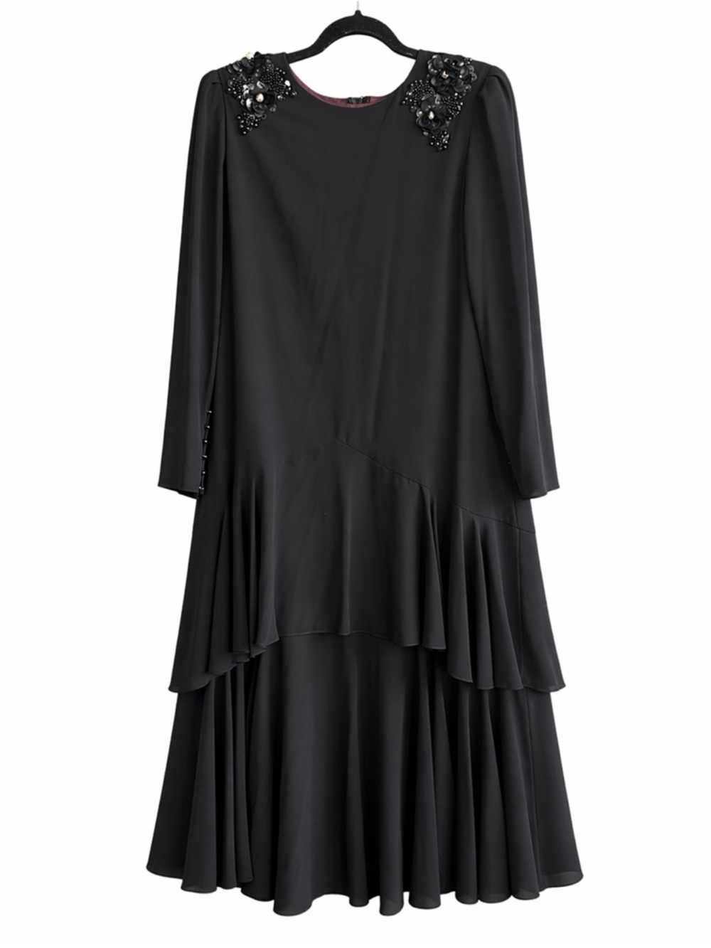 Vintage Made in USA Ursula of Switzerland Black Long-Sleeve Tiered Beaded Dress